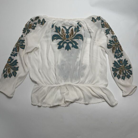 Soft Surroundings White Blue Embroidered Tunic Blouse Top M Medium Shirt Tassel - Picture 2 of 10